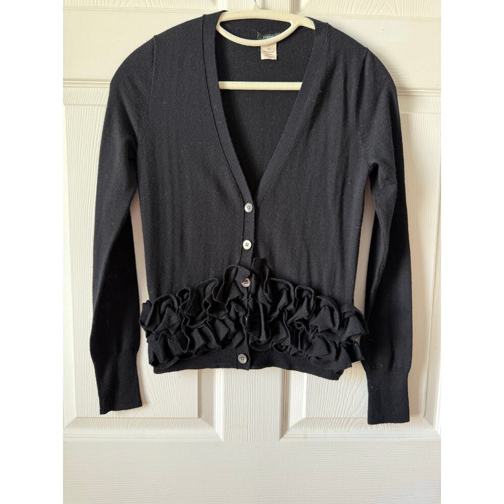 J. Crew Black Merino Wool Ruffle V Neck Cardigan Womens XS Coquette Twee Whimsy